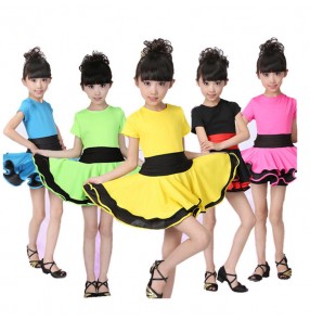 Black red fuchsia hot pink green yellow turquoise blue patchwork girls kid children stage performance ballroom latin dance dresses